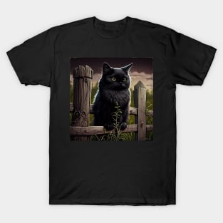 Black Cat on fence sticker T-Shirt